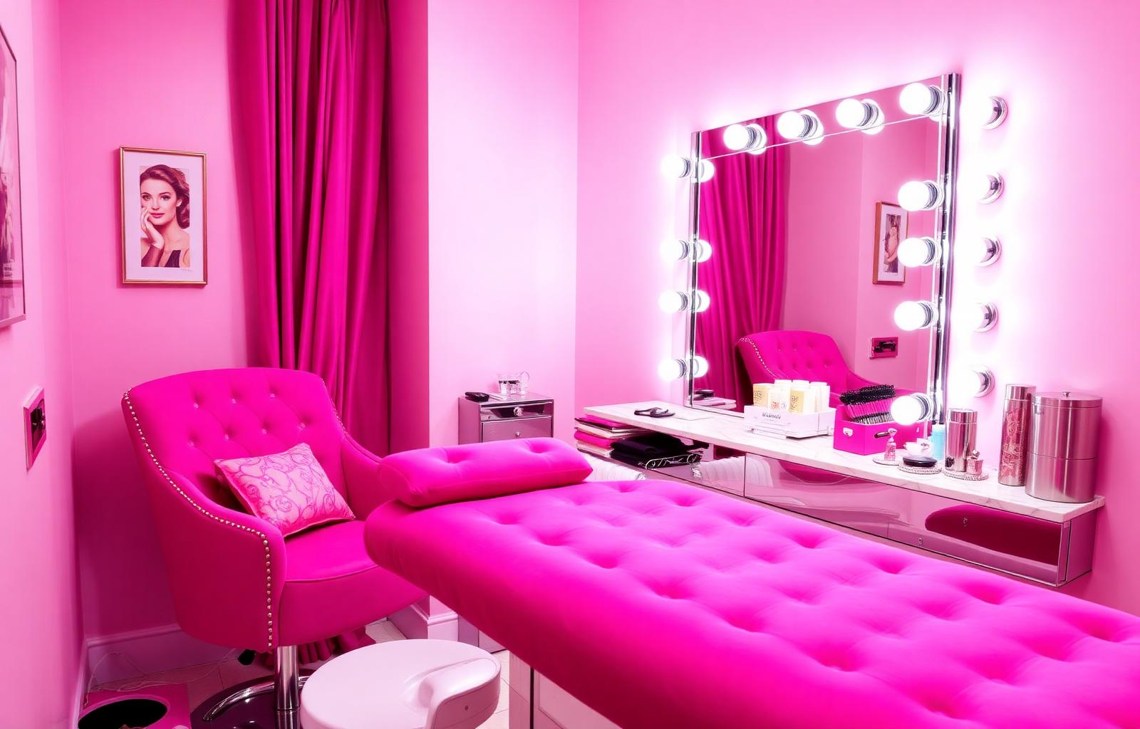 Hot pink Barbie-inspired lash studio interior with vanity mirror